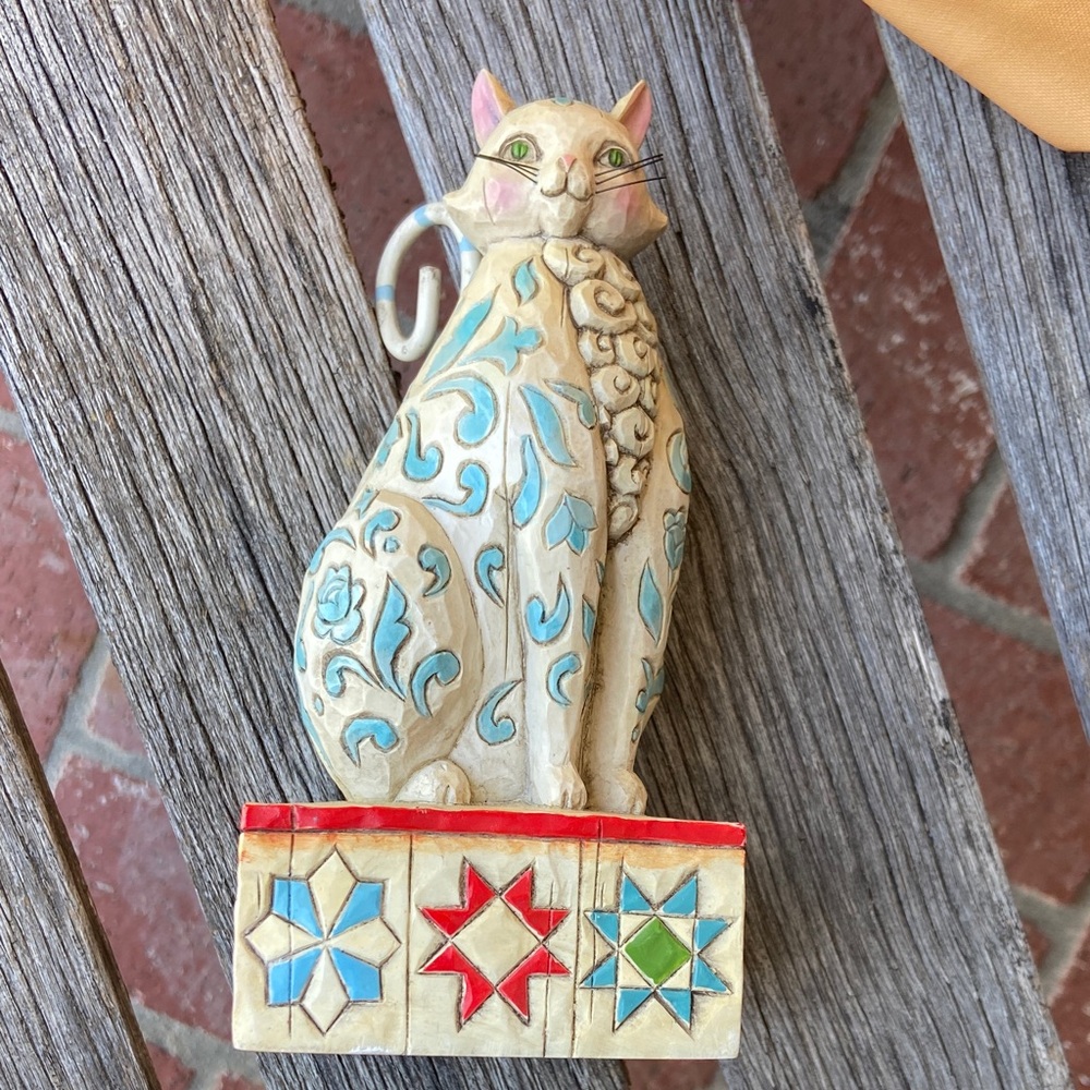 Jim Shore Evangaline Cat Figurine with Blue and Cream Patterns